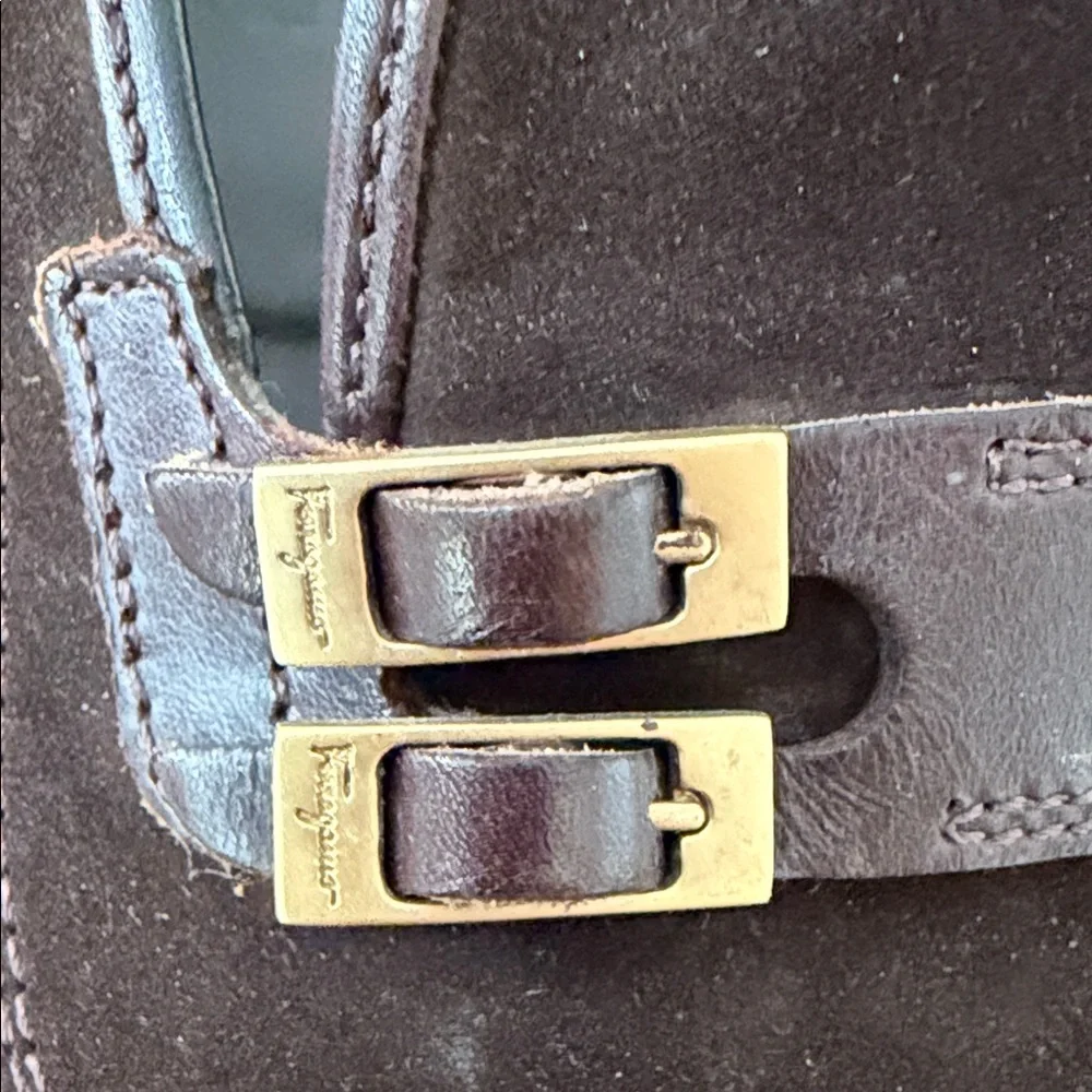Ferragamo Men's Brown Suede Slip-On Loafers with Gold Buckle